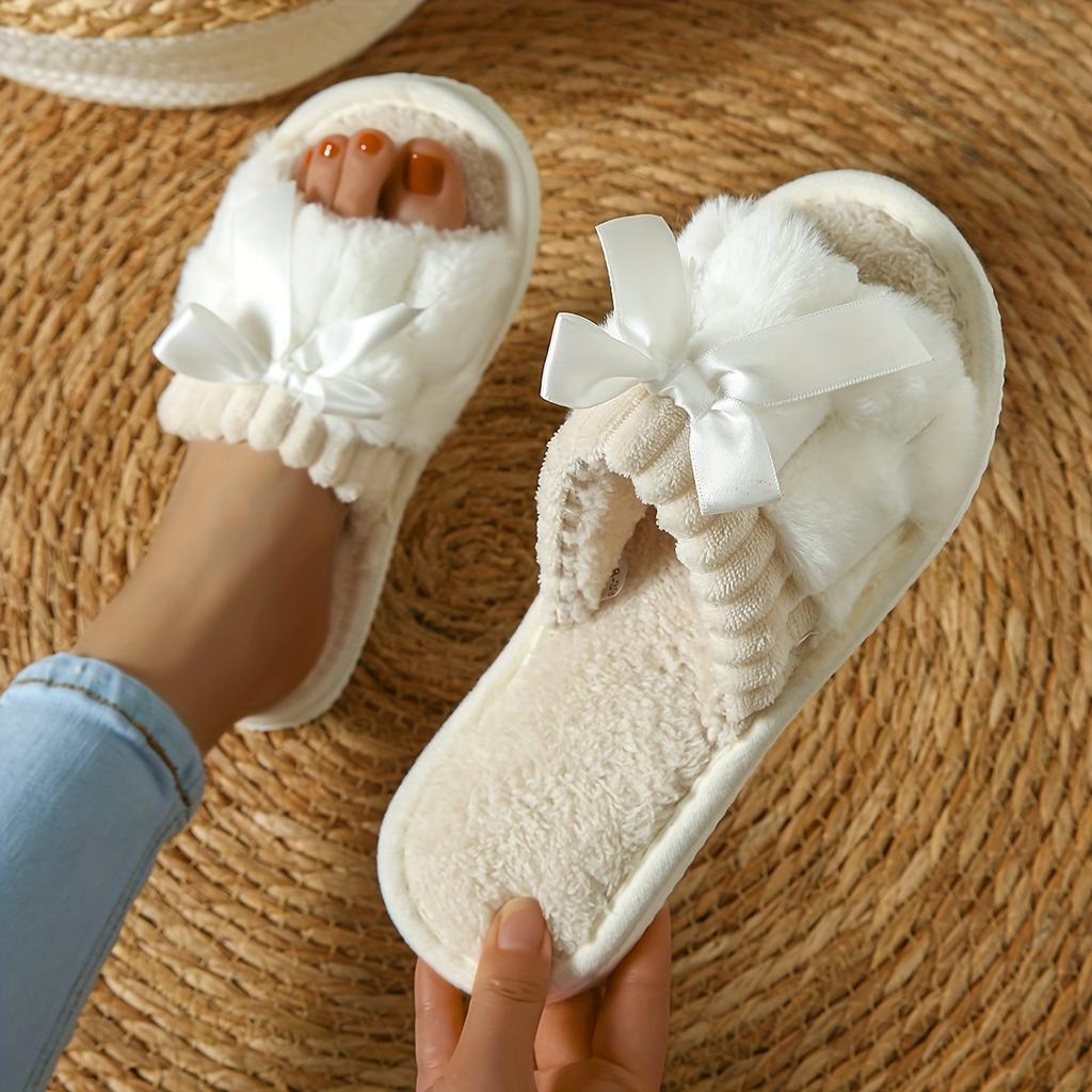 Warm Bowknot Decor Slippers, Casual Open Toe Plush Shoes, Comfortable Indoor Home Slippers