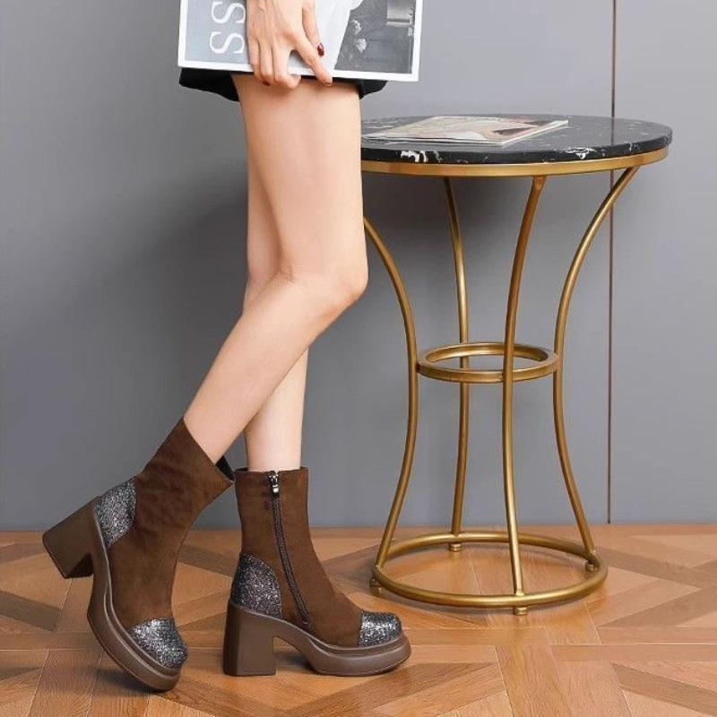 Женская обувь 2024 года, высококачественные женские ботинки с боковой молнией, модные современные ботинки с пайетками, женские ботильоны с круглым носком, горячая распродажа, Zapatos