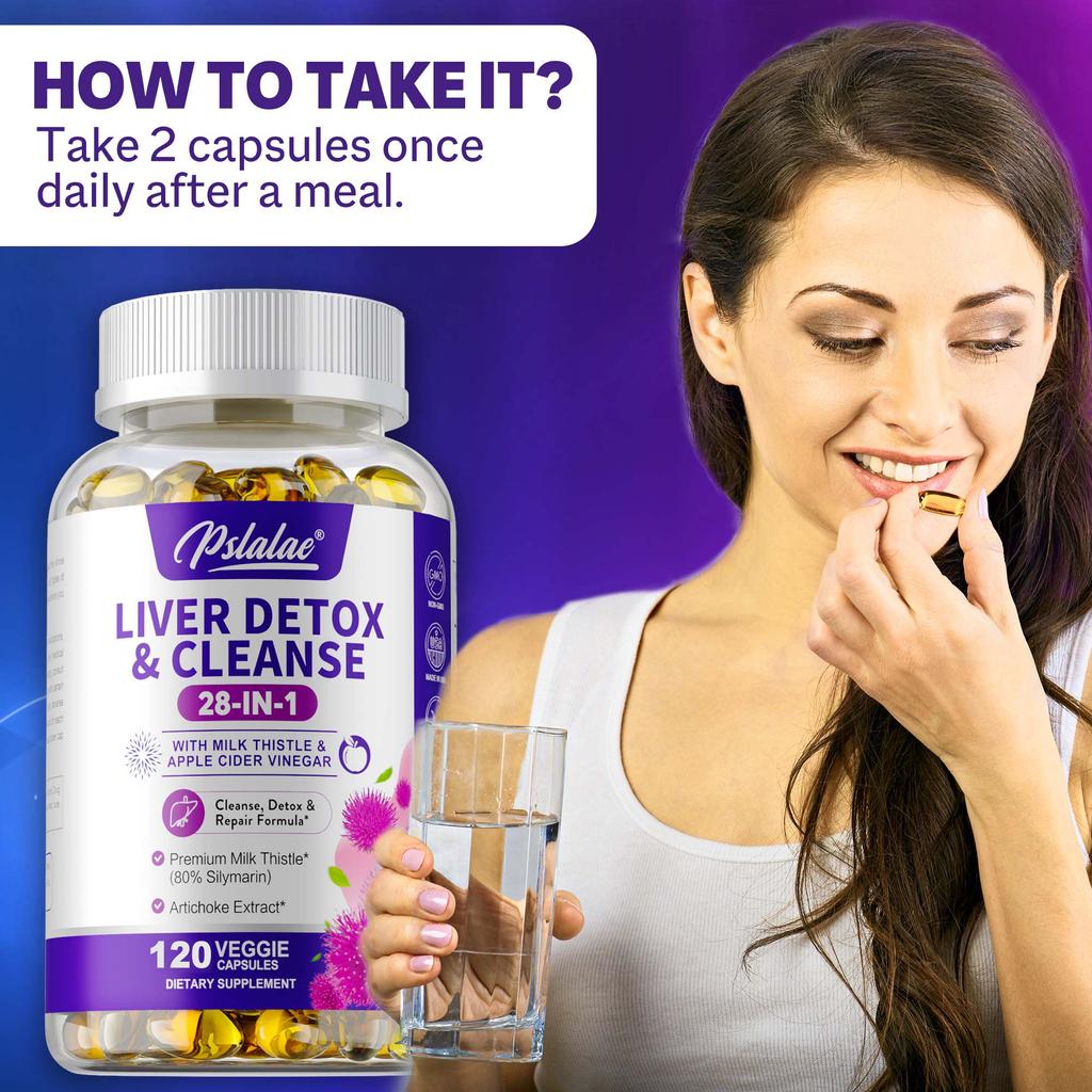 Pslalae Milk Thistle & Apple Cider Vinegar 28-in-1 Complex Capsules 120ct — with Artichoke, Dandelion & Turmeric, Daily Wellness Formula