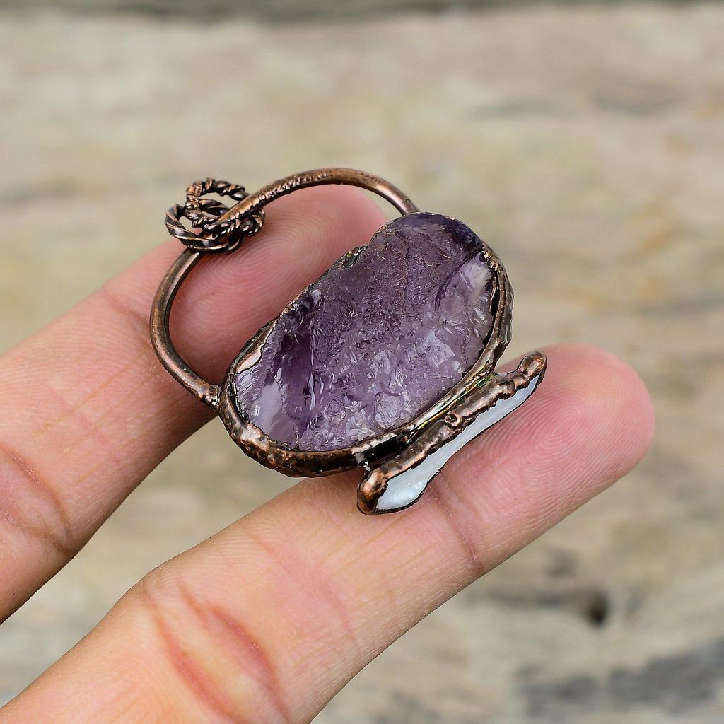 African Amethyst Rough Pendant Electroformed Copper Pendant Handmade Jewelry Biwa Pearl Gemstone Pendant Electroformed Jewelry Gift For Wife