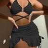 3Pcs/Set Women Swimsuit Solid Color Wave Texture Sexy Split Bikini with Drawstring Ruffle Trim Skirt Lace-up Beachwear