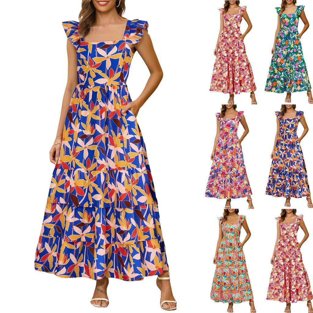 Women's Summer Dresses Casual Ruffled Ruched Tiered A-Line Boho Floral Long Beach Sundress With Pockets