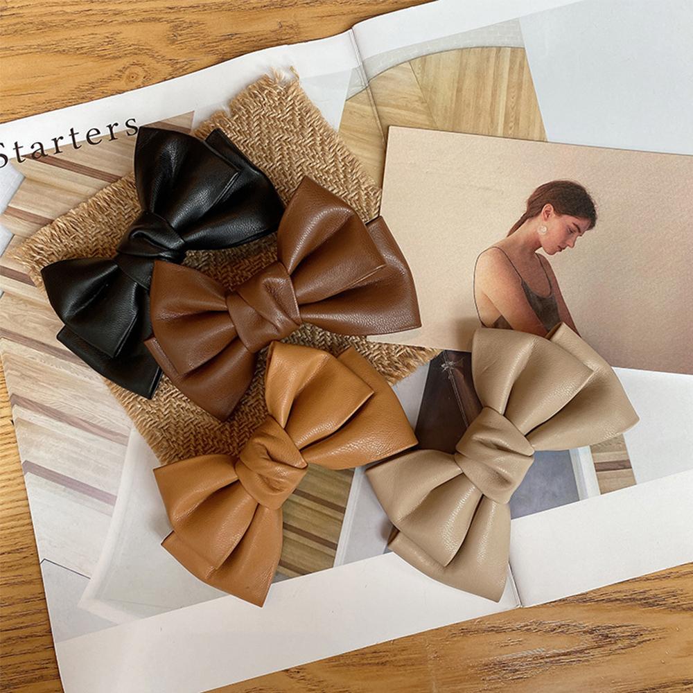Girls Solid Color Duckbill Clips PU Leather Hair Clips Bow Hairpin Spring Clips Headwear