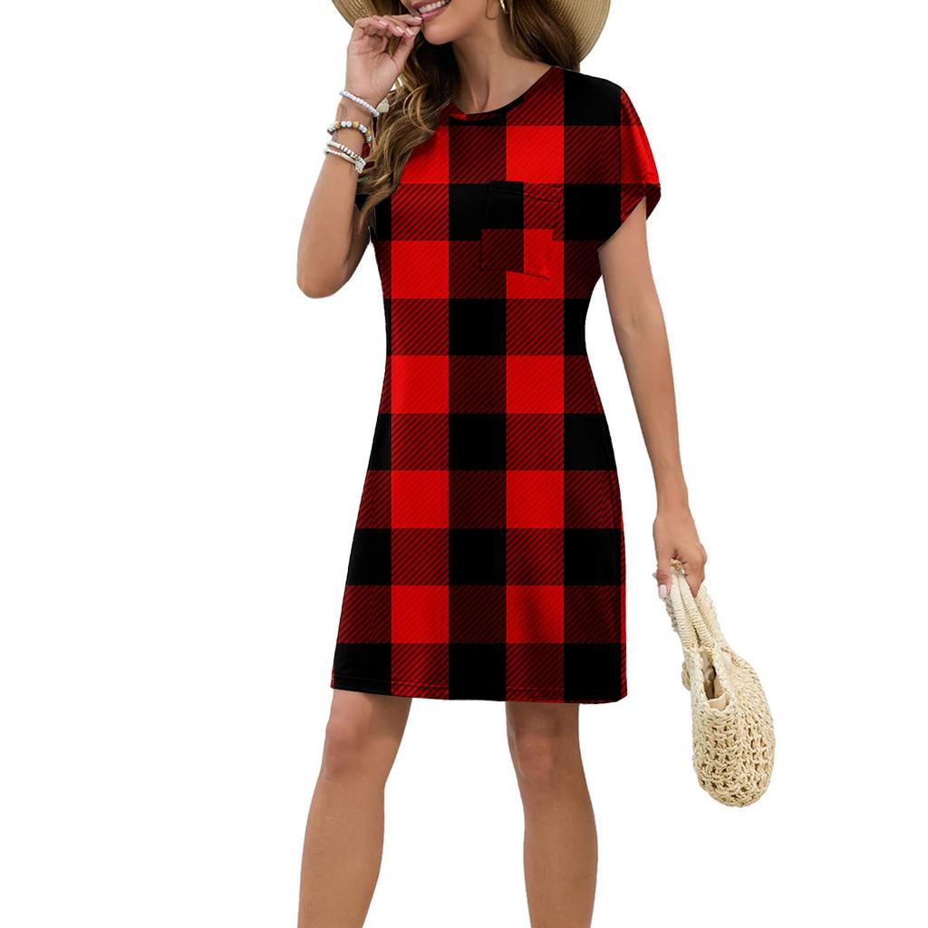 Женское модное повседневное летнее платье в стиле ретро с коротким рукавом и круглым вырезом