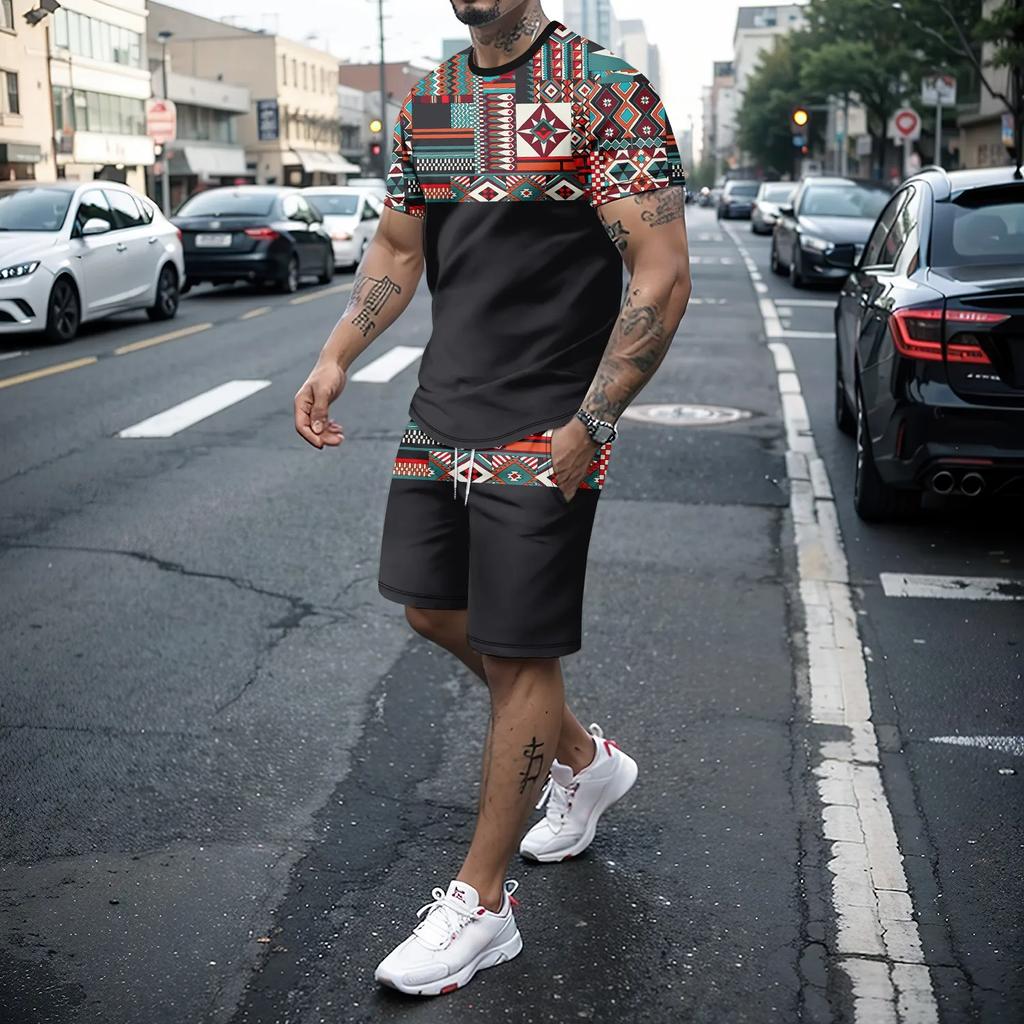 Мужской комплект летней одежды для отдыха из двух предметов с цветными блоками, мужская футболка с короткими рукавами с цифровым принтом и шорты на шнурке с карманами