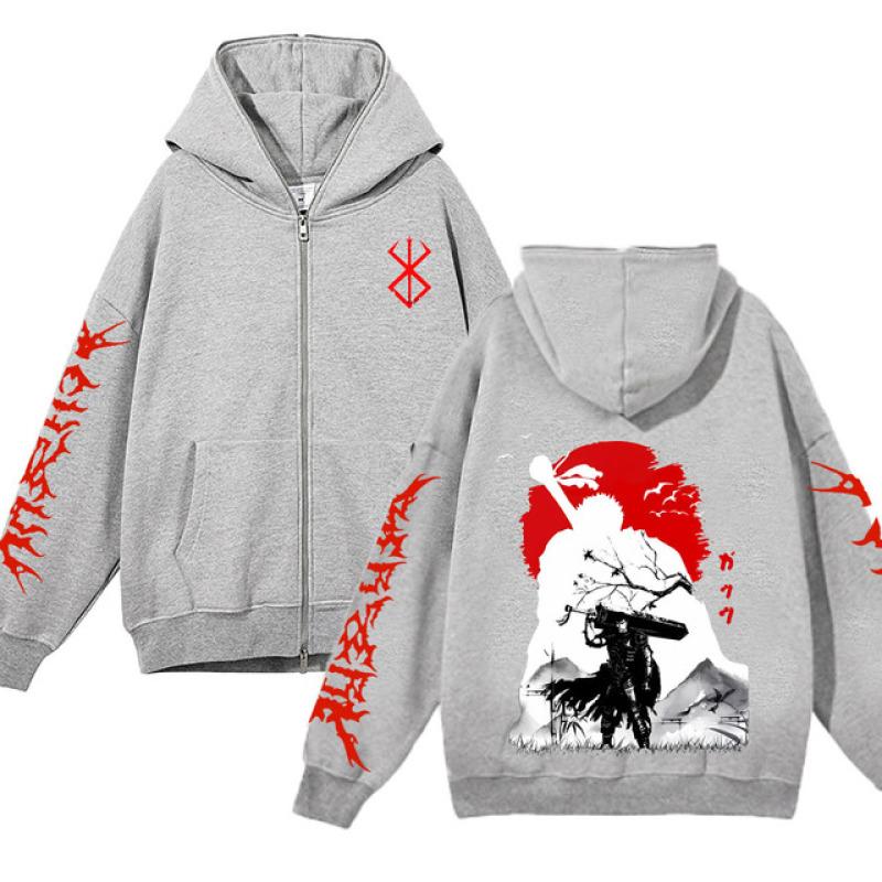 Толстовки на молнии Berserk, толстовки на молнии, мужская флисовая толстовка с капюшоном в стиле аниме, уличная одежда в стиле хип-хоп, пуловер с графическим рисунком Y2K
