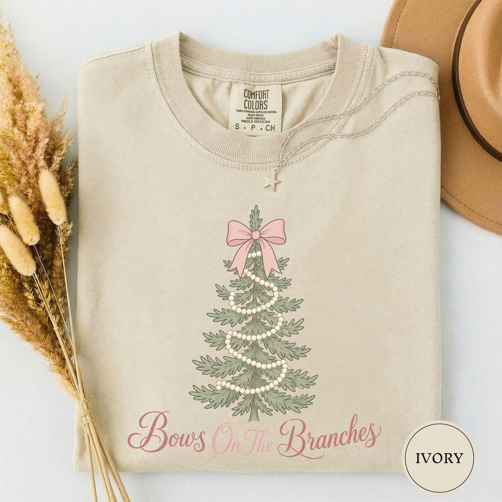 Bows on the Branches Tee, Pearl Garland Tree Tee, Blush Christmas Tree Gift, Pink Bow Tree Shirt, Pink Christmas Tee, Cozy Holiday Tee