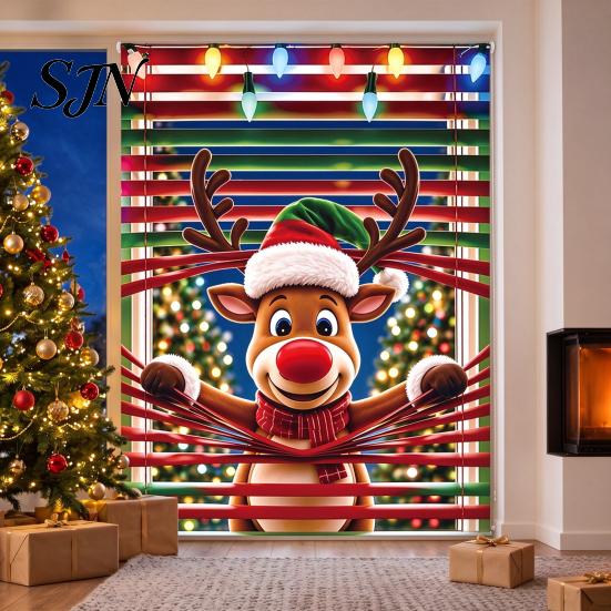 Christmas Party Background Decor Window Cover Banner with Santa Claus and Elk Patterns, Xmas Winter Holiday Home Peeking Ornament, Wall Hanging