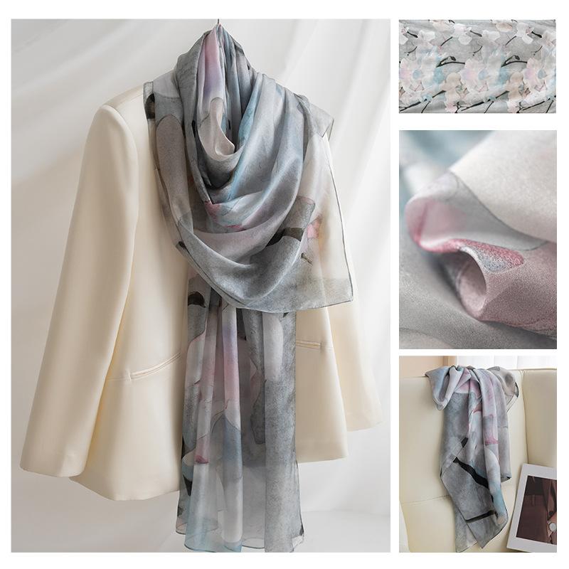 Длинные полосы шелкового шарфа  Высококлассный шарф из тутового шелка  Женский свежий маленький цветочный тонкий стиль  Атмосфера  Большая шаль