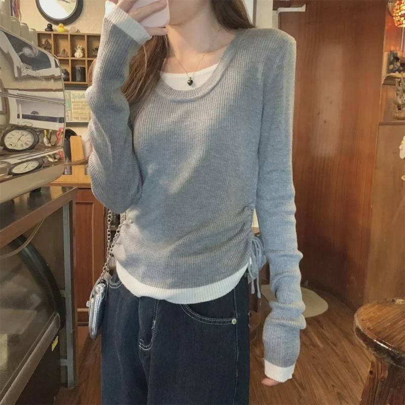 2025 Autumn/Winter Korean Style U-Neck Contrast Color Knitted Long Sleeve Drawstring Top