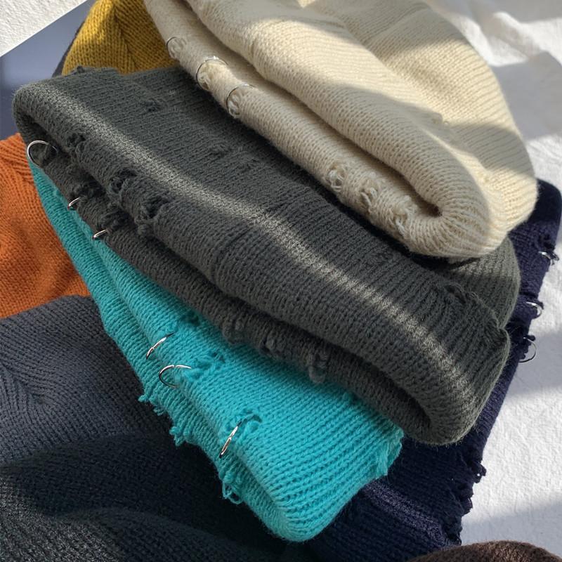 Зимняя вязаная шапка Харадзюку Женская модная теплая толстая шапка-горошек Мужская хип-хоп шапка-бини с дырочками Шапка короткая Унисекс Базовая шапка EMA