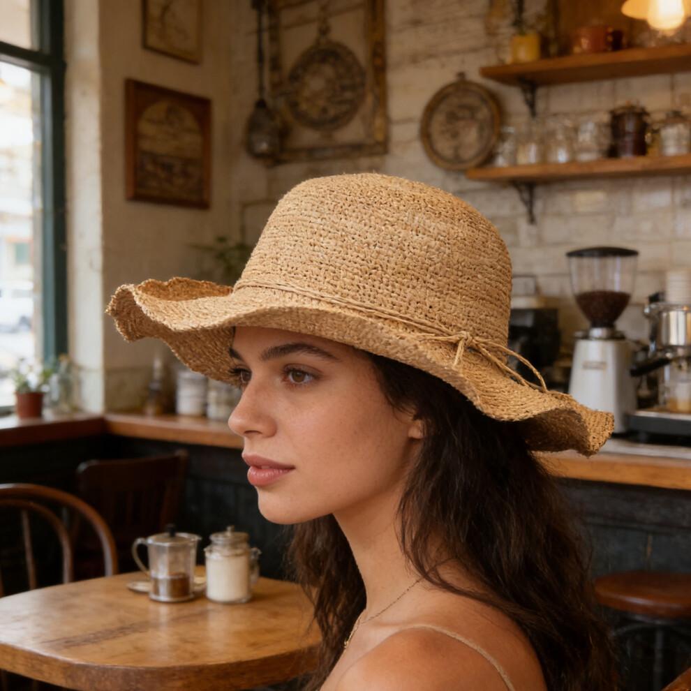 (One Size, Beige) Women's Raffia Sun Hats Fashionable Sun Protection Straw Bucket Caps for Outdoor Travel