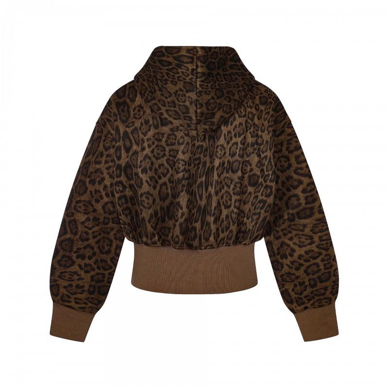 Leopard Print Hooded Zip-Up Cropped Sweatshirt Teens Unisex Streetwear Oversized Fit Fall
