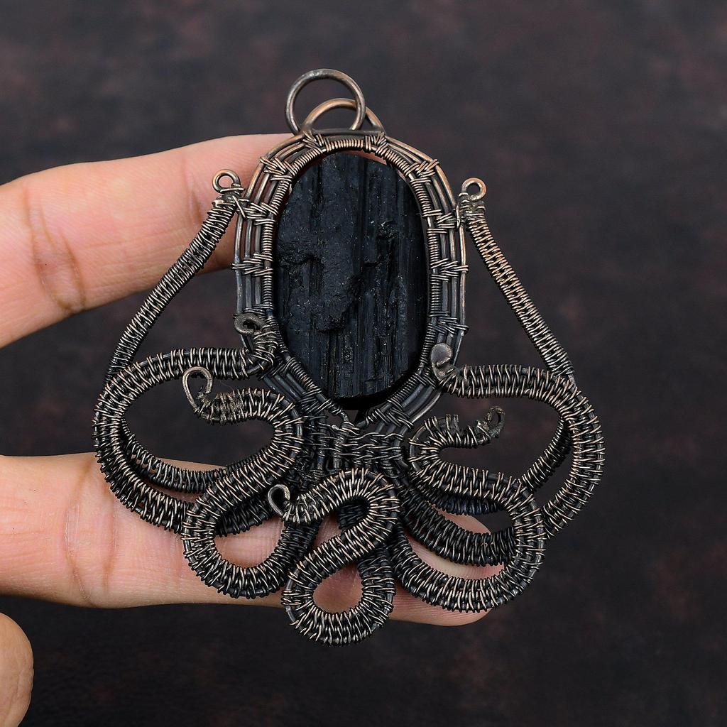 Black Tourmaline Rough Pendant Copper Wire Wrapped Pendant Octopus Pendant Antique Copper Jewelry Handmade Pendant Gemstone Pendant For Gift