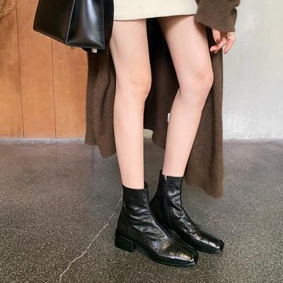 Осень и зима взрыв квадратный носок вымытая лошадиная кожа тонкие короткие ботинки толстый каблук боковая молния толстая подошва маленькие ботильоны дети