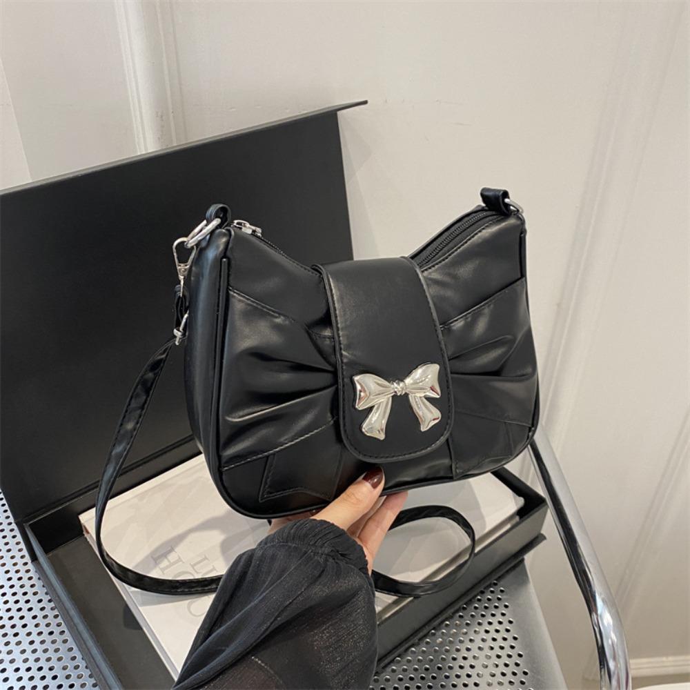 PU Leather Square Pleated Handbag Underarm Bow Armpit Bag Fashion Bowknot Shoulder Bag Work