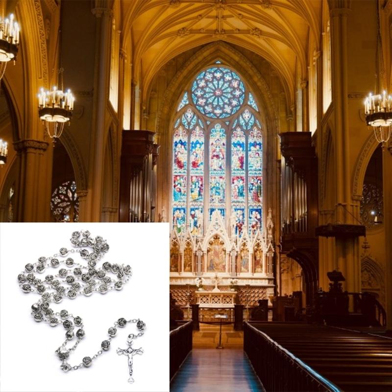 Catholic Rosary Necklace Plastic Rose Flowers Bead Cross Crucifix Pendant Vintage Religious Jewelry for Women Meditation