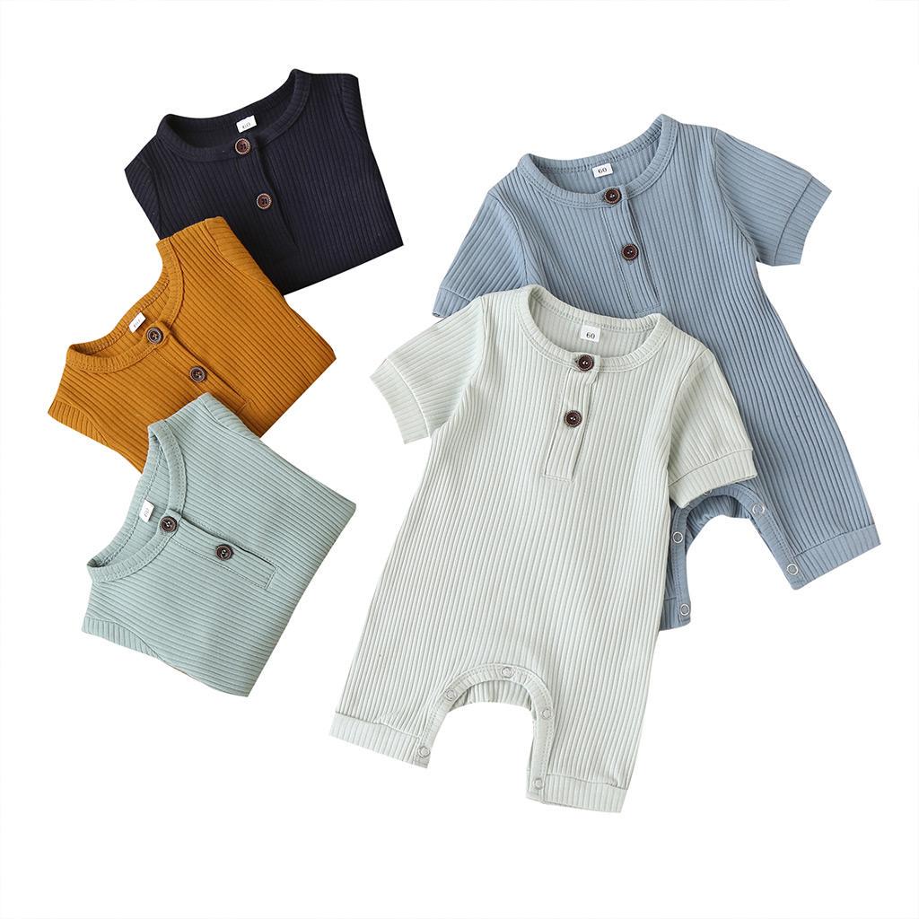 Newborn Baby Short Sleeve Romper Knit Ribbed Solid Color Cotton Jumpsuits One Piece O-Neck Button Pajamas Playsuit