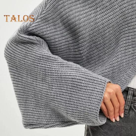 Women Sweater O-Neck Batwing Long Sleeve Solid Color Loose Fit Knitting Tops Exposed Navel Irregular Cross Sweater