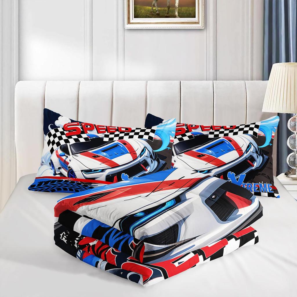 3PC Racing Car Comforter Set Modern Sports Car Duvet Collection with 2 Pillowcases for Bedroom Or Guest Room Decor