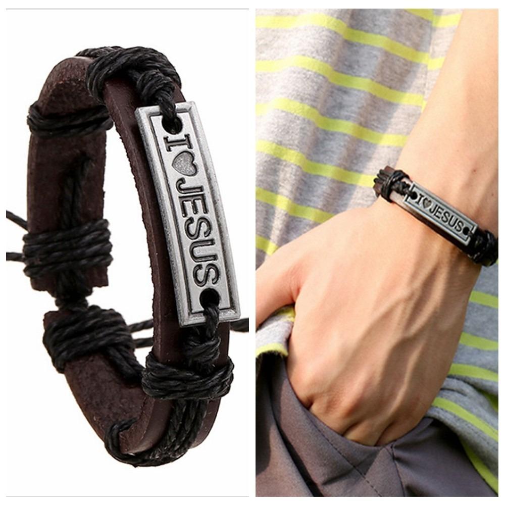 Men/Women Christian Wrap Catholic Leather Cuff Bangle Wristband "I Love JESUS" Religious Bracelet