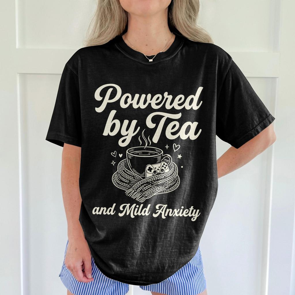 Cozy Gaming Powered by Tea and Mild Anxiety T-Shirt T-shirt Gamer Gift Idea Gamer Girl Gift Video Game Lover Gen Z Millennial