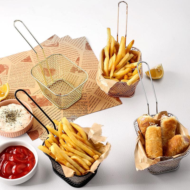 French Fry Serving Baskets Stainless Steel Fry Basket Mini Square Chicken Wings Holder for Restaurant Cafe Table Food Serving6