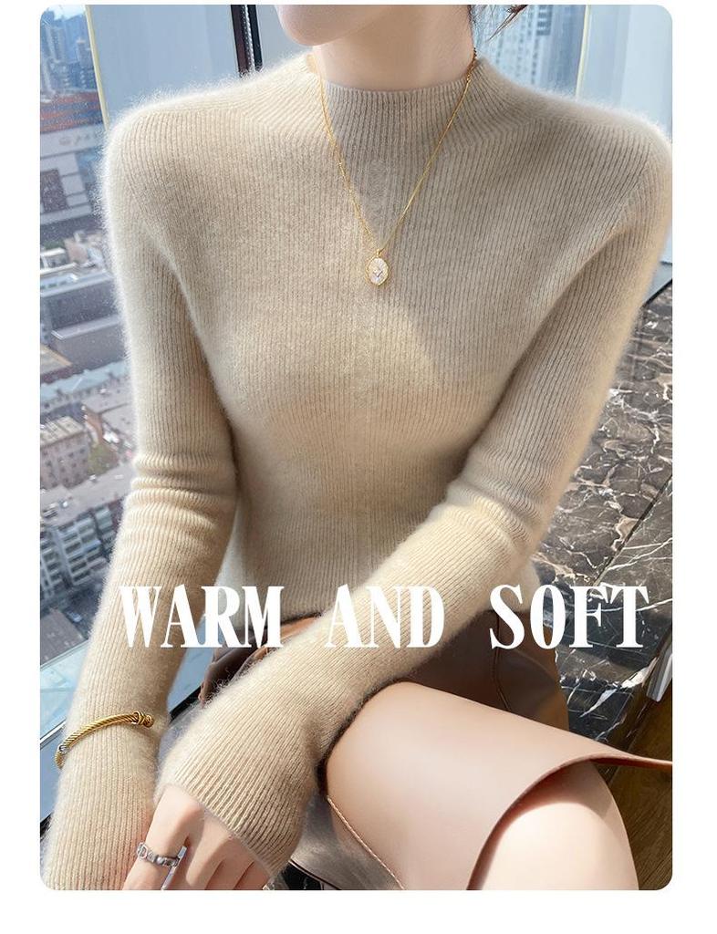 Women's Slim-Fit Wool Sweater - Autumn/Winter, Versatile Cashmere Knit, Half-High Collar