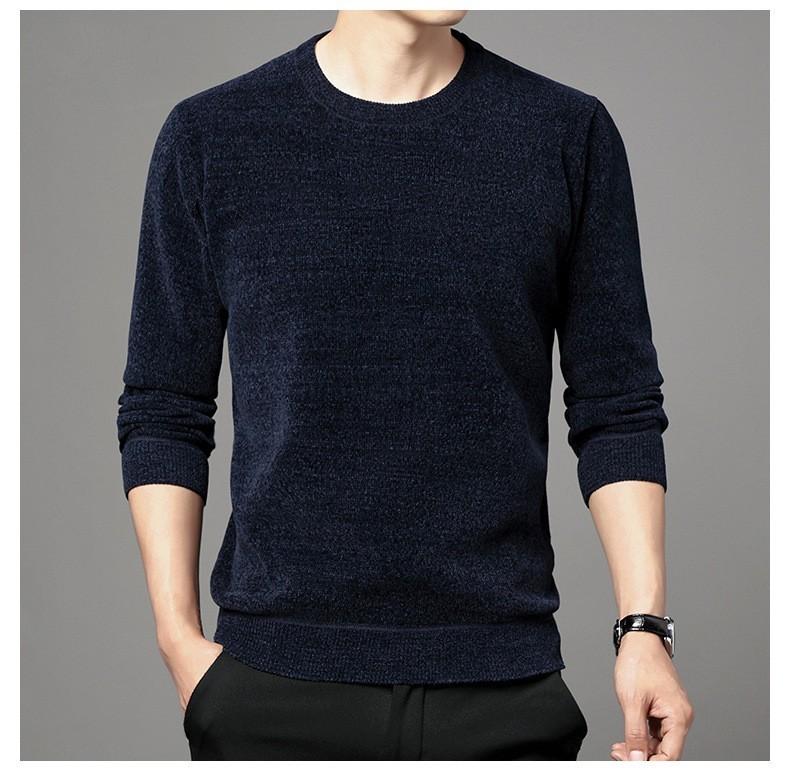 Мужской зимний утепленный свитер с круглым вырезом, однотонная трикотажная рубашка
