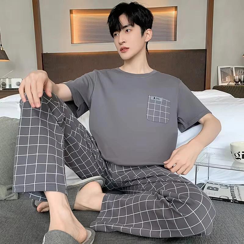 Summer Soft Cotton Pajamas Set for Men Fashion O-neck Pyjamas Short Sleeved Plaid Pants Home Suit
