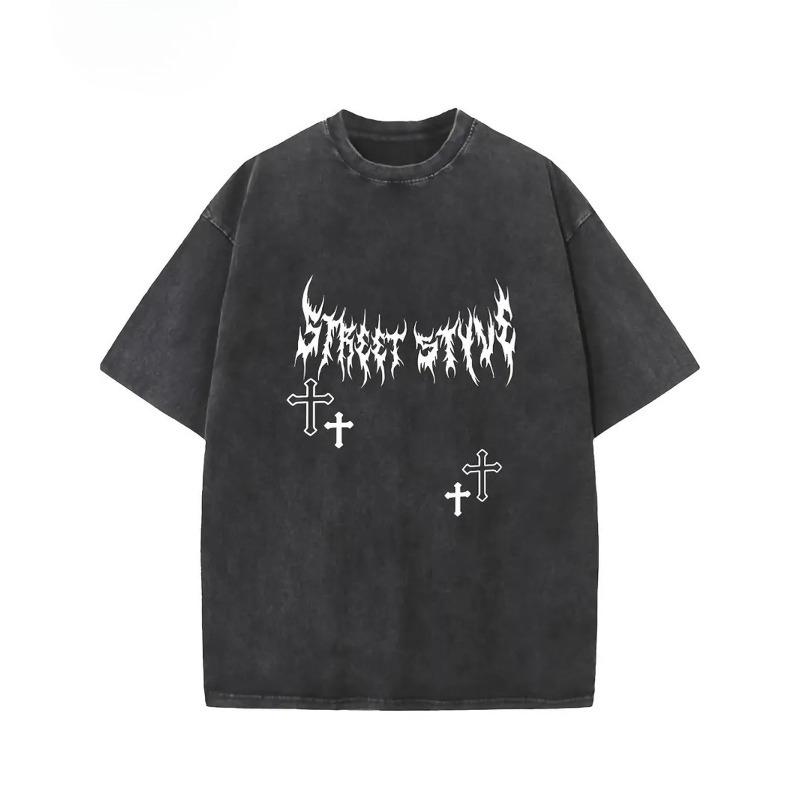 Европейские размеры Мужская стираная футболка с графикой в виде уличных пятен и принтом креста - Свободный крой, всесезонная повседневная футболка для стритвира, активного отдыха