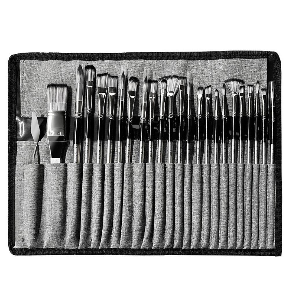 Cloth Roll 24Pcs Artist Paint Brushes Set Nylon Hair Delicate Watercolor Brush Pen Wooden Handle with Scraper