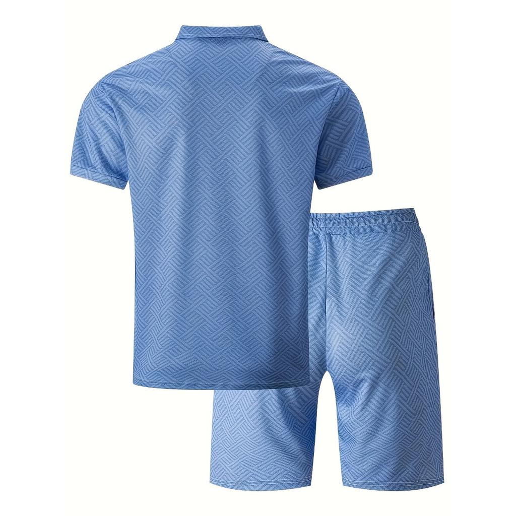 Мужской повседневный костюм с тропическим принтом - черная рубашка с коротким рукавом на молнии и белые шорты с карманами, полиэстер, машинная стирка