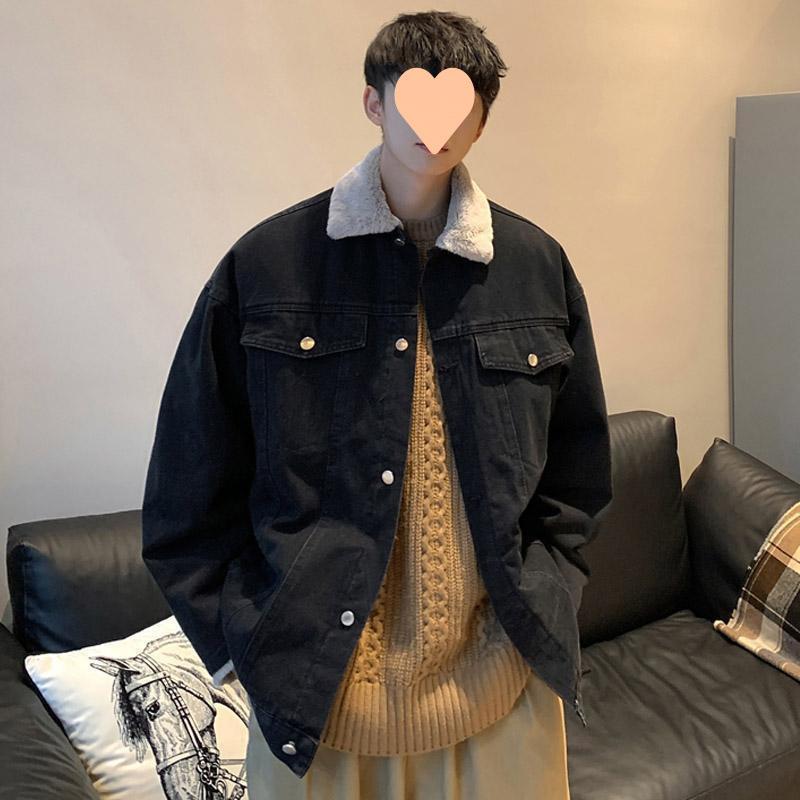 Джинсовая куртка мужская шерпа осень и зима плюс бархат утолщенная теплая хлопковая куртка свободная и красивая корейский стиль модная куртка для пары