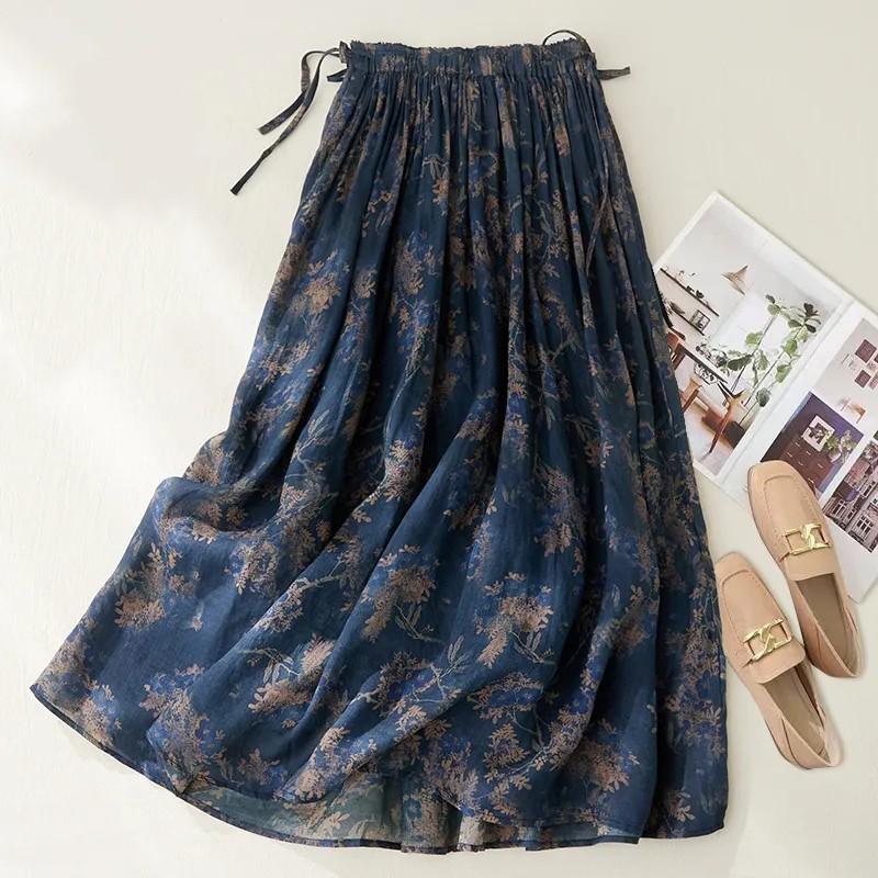 Women's Summer High-waisted Floral Bustier Skirt Double-layer Tie Thin A-line Big Swing Skirt