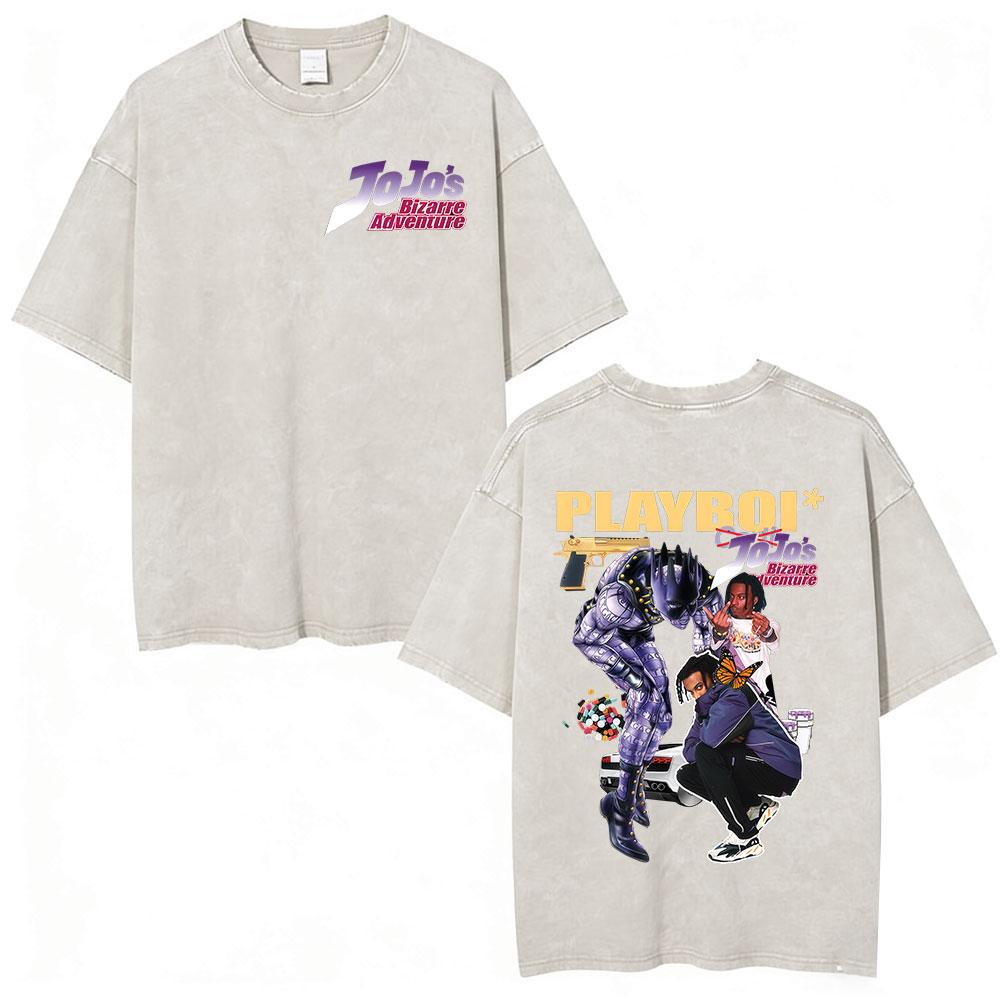 Аниме JoJo's Bizarre Adventure Манга Винтажная Кислотная Стирка Футболка Мужская Женская Повседневная С Коротким Рукавом Футболка Уличная Одежда