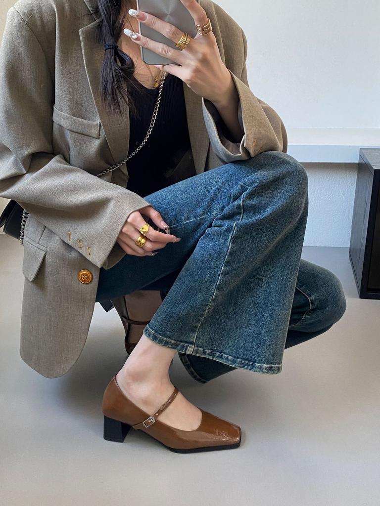 Ретро туфли-лодочки 2025 весна женские французские туфли на высоком каблуке толстый каблук не устают ноги универсальные и удобные профессиональный стиль рабочая обувь женская