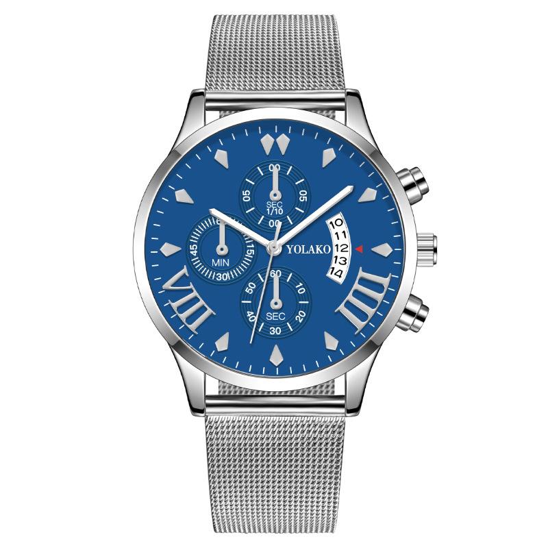 Модные мужские часы с трехглазым календарем, мужские часы, миланские кварцевые часы с сетчатым браслетом