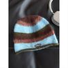 Women Colorful Striped Plush Knit Beanie Letter Embroidered Slouchy Skull Cap Face‑Flattering Warm Winter Soft Knitted Hat