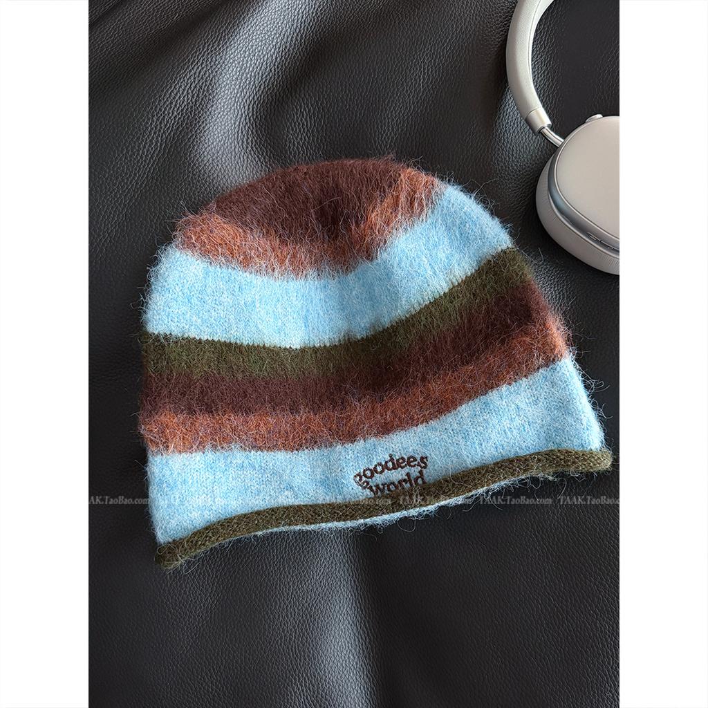 Women Colorful Striped Plush Knit Beanie Letter Embroidered Slouchy Skull Cap Face‑Flattering Warm Winter Soft Knitted Hat