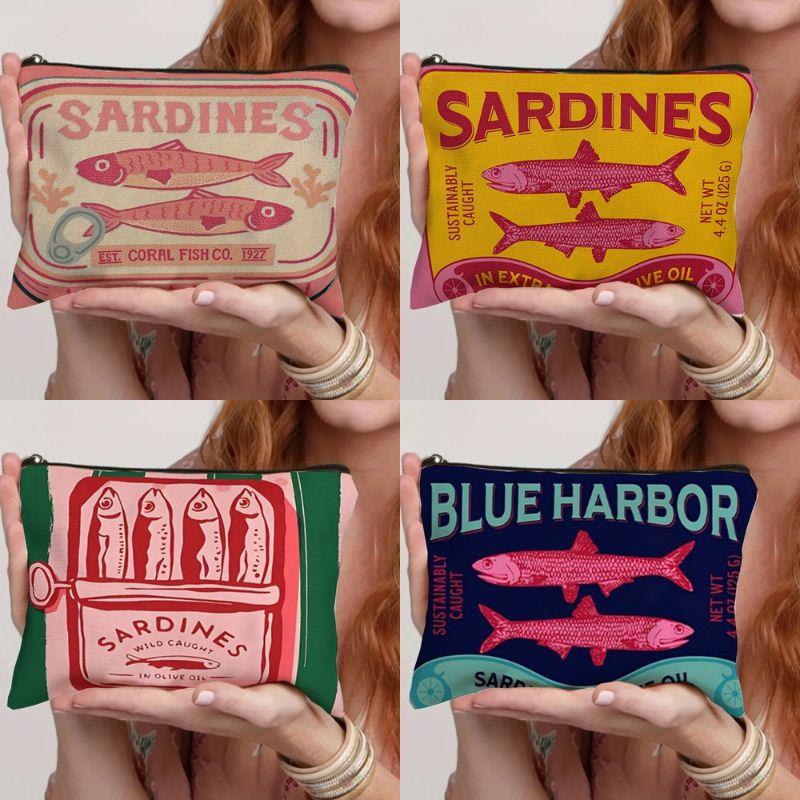 Vintage Sardines Pattern Makeup Bag With Zipper Lightweight Travel Cosmetic Organizer For Women Durable Storage Bag Change Purse