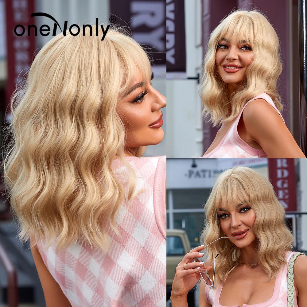 oneNonly Short Pink Wig Natural Wigs for Women Medium Wavy Synthetic Wig Party Heat Resistant Hair