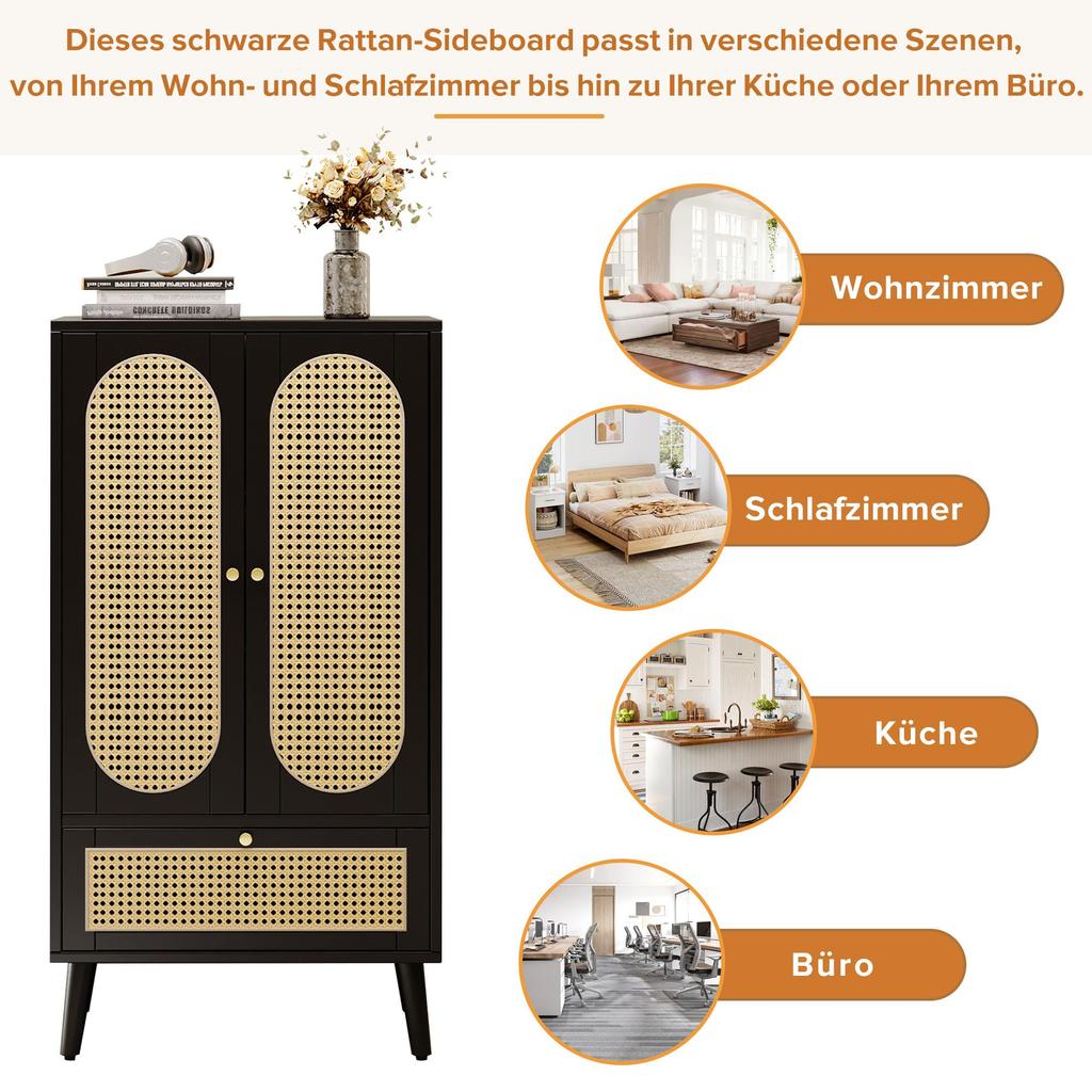 Kommode 2 Türen 1 Schubladen, Modern Highboard Küchenschrank aus Holz Rattan Türen, Schlafzimmer & Wohnräume & Büro, Schwarz, 60 x 40 x 110,5 cm
