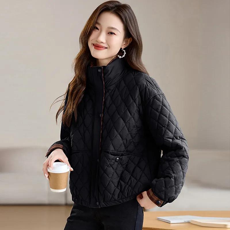 Women's Winter Stand-up Collar Diamond-shaped Grid Thin Cotton-padded Jacket, Autumn and Winter Loose Warm Jacket