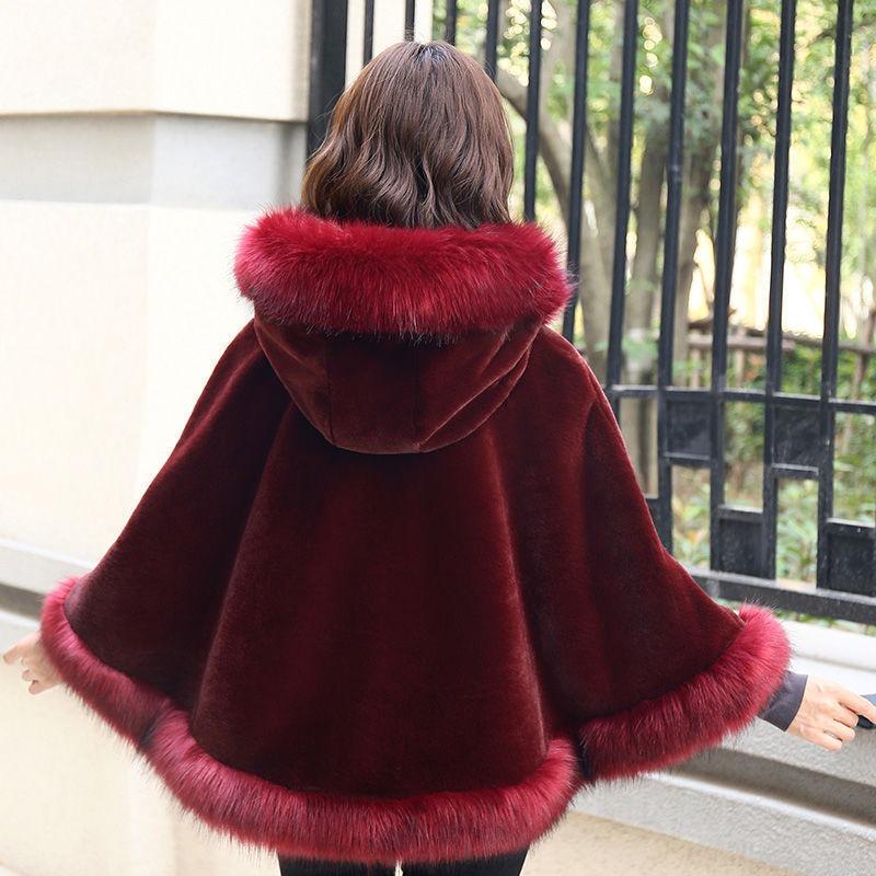New Hooded Cape Cape Winter Shawl Coat Imitation Fur Coat Women's Medium and Long Imitation Fur