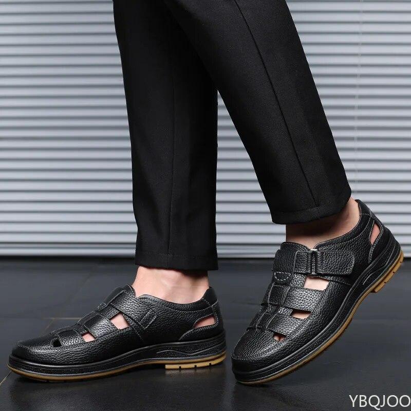 Классические мужские сандалии из натуральной кожи Sandaliashollow Out повседневная обувь Удобная однотонная уличная мужская обувь