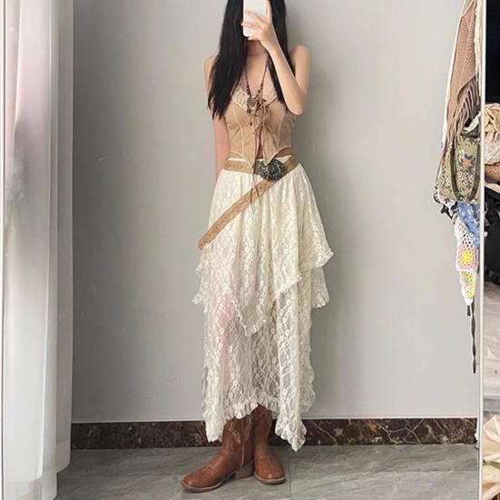 Ретро-юбка с эластичной высокой талией, кружевная юбка нестандартного дизайна, длинная юбка-миди во французском стиле с вышитым кружевом и цветочным узором