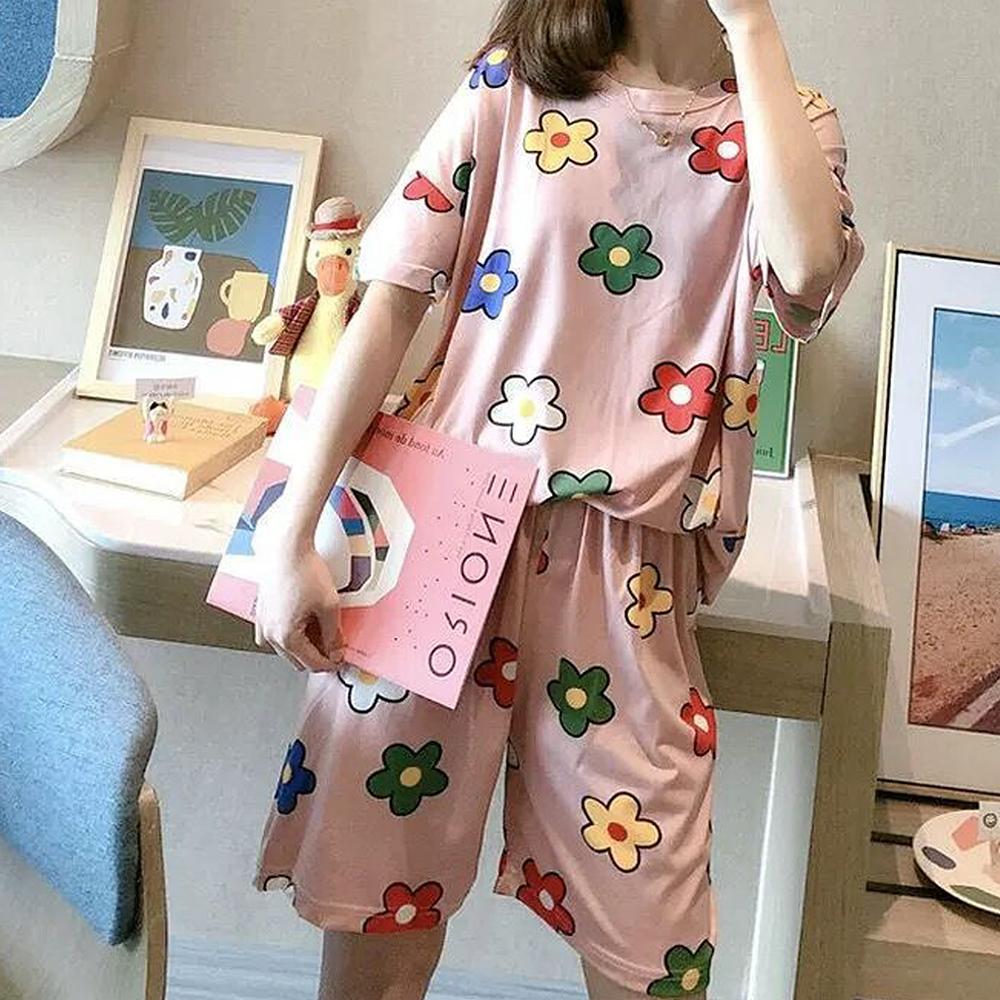 Printed Pajamas Cartoon Suit 2pcs Women Summer Short Sleeve T Shirt And Shorts