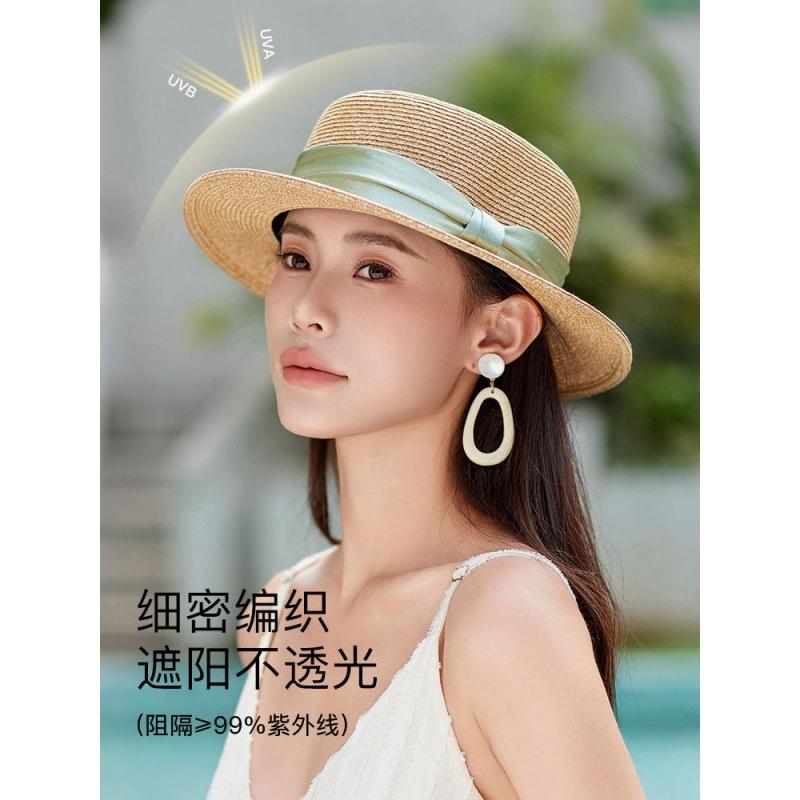 Hat women's spring and summer French flat top top hat British retro beach seaside sun protection flat brim Panama braided hat