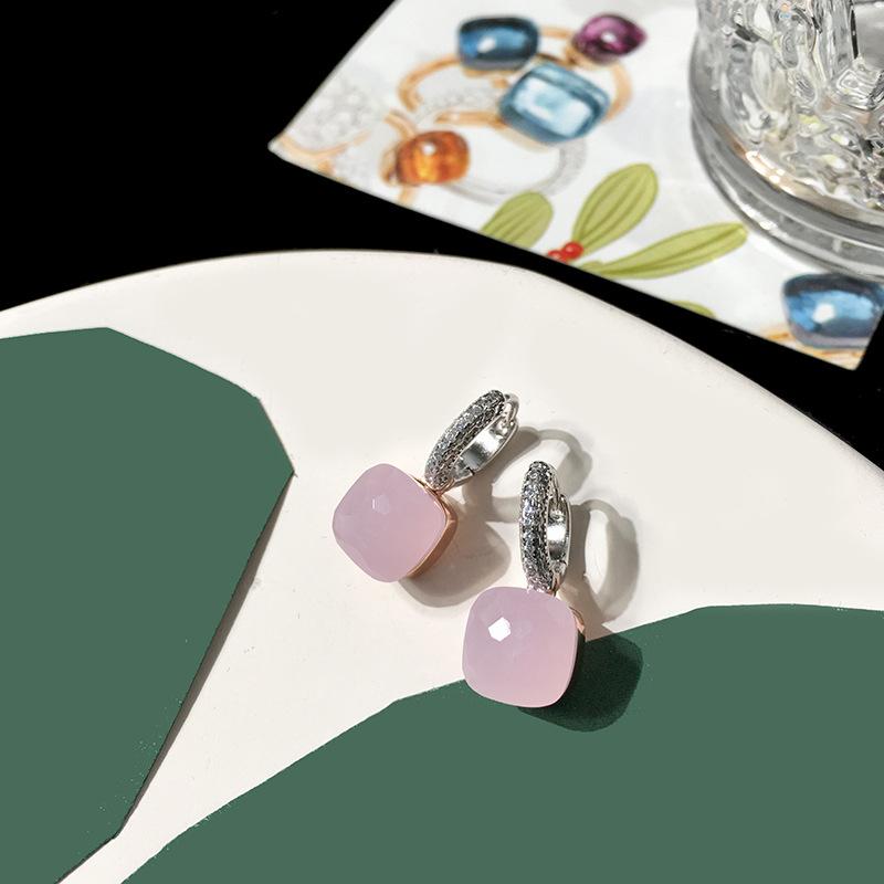 Серебряные серьги с темперой и бриллиантами конфетного цвета, квадратные серьги-гвоздики с кристаллами